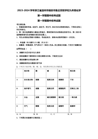 2023-2024学年浙江省温州市瑞安市集云实验学校九年级化学第一学期期中统考试题含解析.doc