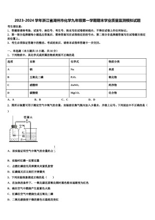 2023-2024学年浙江省湖州市化学九年级第一学期期末学业质量监测模拟试题含解析.doc