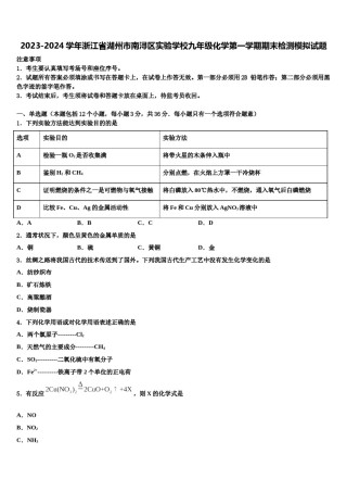 2023-2024学年浙江省湖州市南浔区实验学校九年级化学第一学期期末检测模拟试题含解析.doc