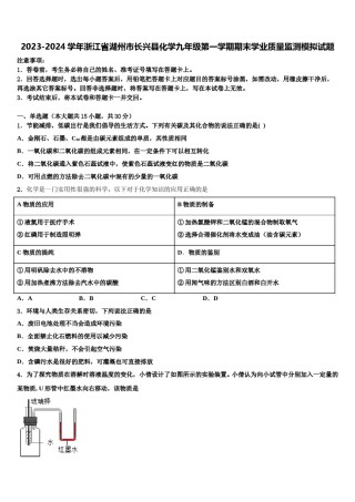 2023-2024学年浙江省湖州市长兴县化学九年级第一学期期末学业质量监测模拟试题含解析.doc