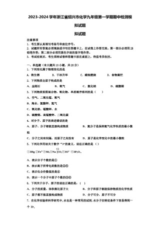 2023-2024学年浙江省绍兴市化学九年级第一学期期中检测模拟试题含解析.doc