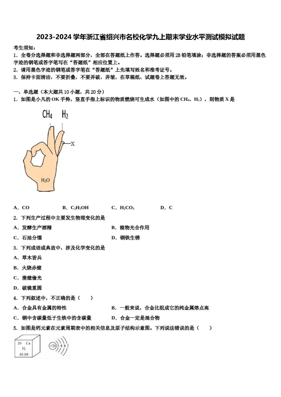 2023-2024学年浙江省绍兴市名校化学九上期末学业水平测试模拟试题含解析.doc_第1页