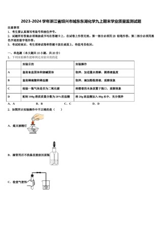 2023-2024学年浙江省绍兴市城东东湖化学九上期末学业质量监测试题含解析.doc