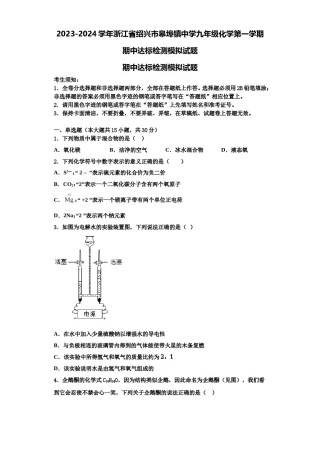 2023-2024学年浙江省绍兴市皋埠镇中学九年级化学第一学期期中达标检测模拟试题含解析.doc