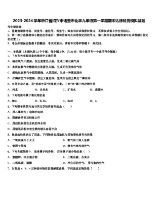 2023-2024学年浙江省绍兴市诸暨市化学九年级第一学期期末达标检测模拟试题含解析.doc
