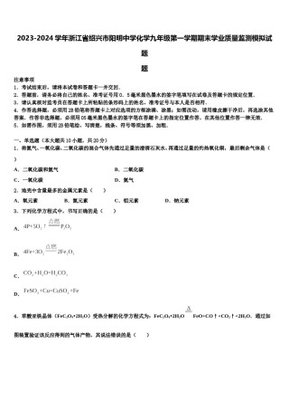 2023-2024学年浙江省绍兴市阳明中学化学九年级第一学期期末学业质量监测模拟试题含解析.doc
