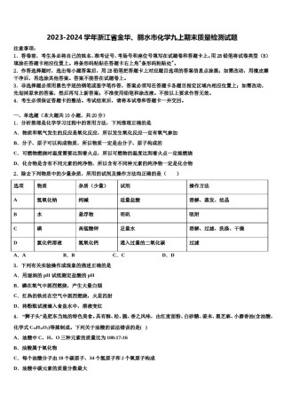 2023-2024学年浙江省金华、丽水市化学九上期末质量检测试题含解析.doc