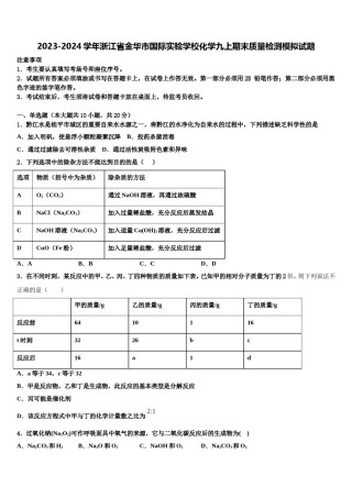 2023-2024学年浙江省金华市国际实验学校化学九上期末质量检测模拟试题含解析.doc