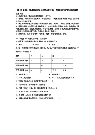 2023-2024学年海南省化学九年级第一学期期中达标测试试题含解析.doc