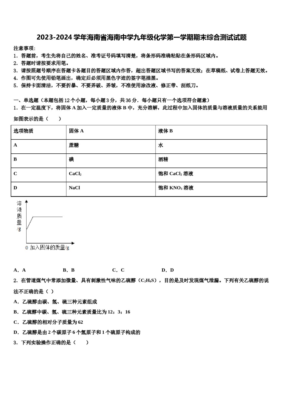 2023-2024学年海南省海南中学九年级化学第一学期期末综合测试试题含解析.doc_第1页