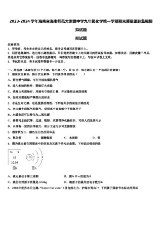 2023-2024学年海南省海南师范大附属中学九年级化学第一学期期末质量跟踪监视模拟试题含解析.doc