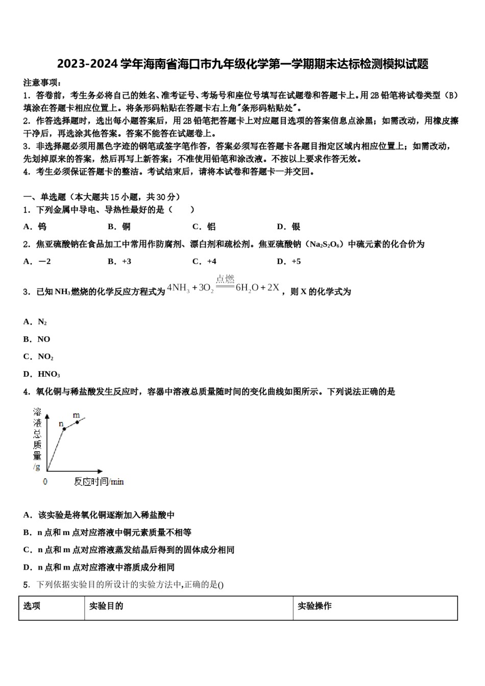 2023-2024学年海南省海口市九年级化学第一学期期末达标检测模拟试题含解析.doc_第1页