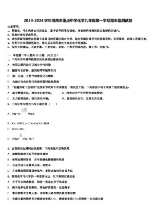 2023-2024学年海西市重点中学化学九年级第一学期期末监测试题含解析.doc