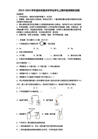 2023-2024学年温州市重点中学化学九上期中监测模拟试题含解析.doc