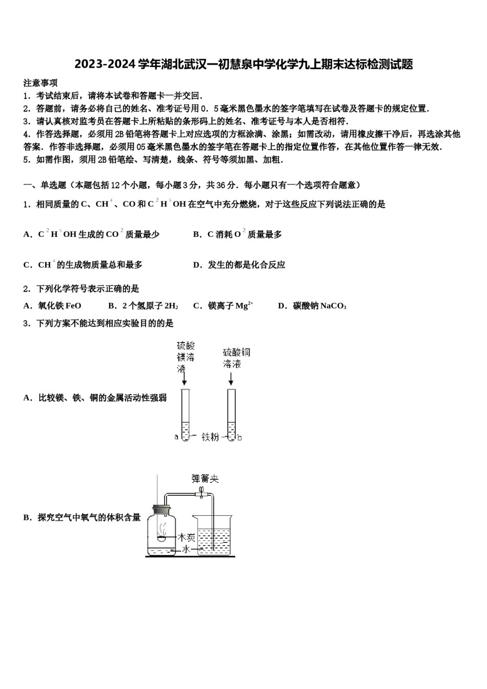 2023-2024学年湖北武汉一初慧泉中学化学九上期末达标检测试题含解析.doc_第1页