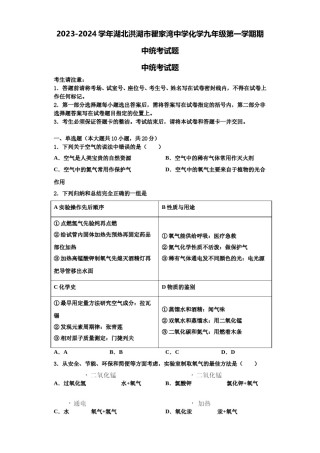 2023-2024学年湖北洪湖市瞿家湾中学化学九年级第一学期期中统考试题含解析.doc
