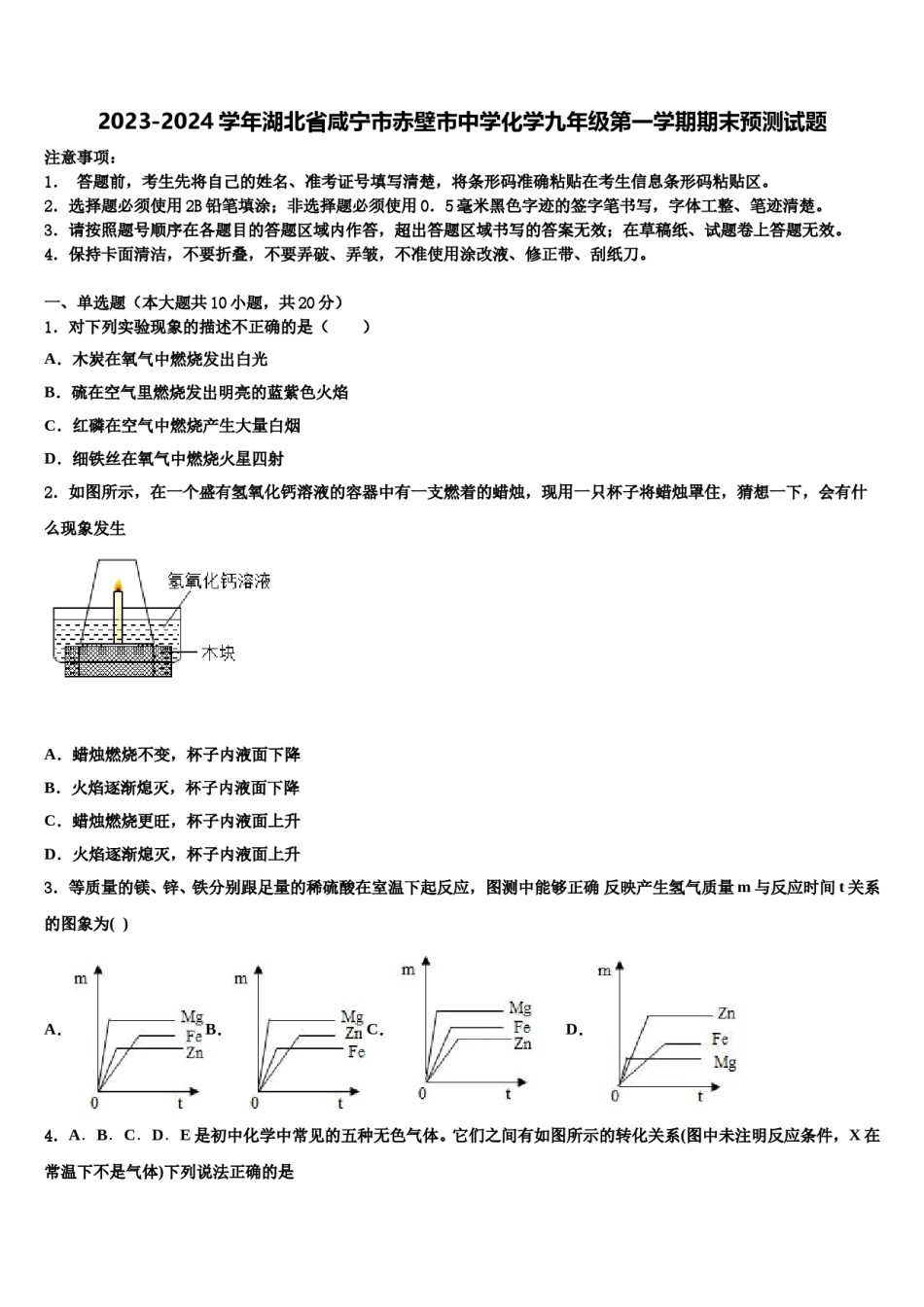 2023-2024学年湖北省咸宁市赤壁市中学化学九年级第一学期期末预测试题含解析.doc_第1页