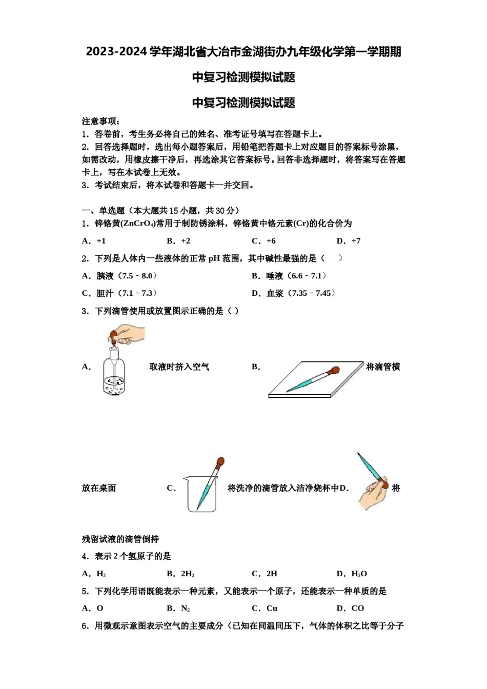 2023-2024学年湖北省大冶市金湖街办九年级化学第一学期期中复习检测模拟试题含解析.doc_第1页