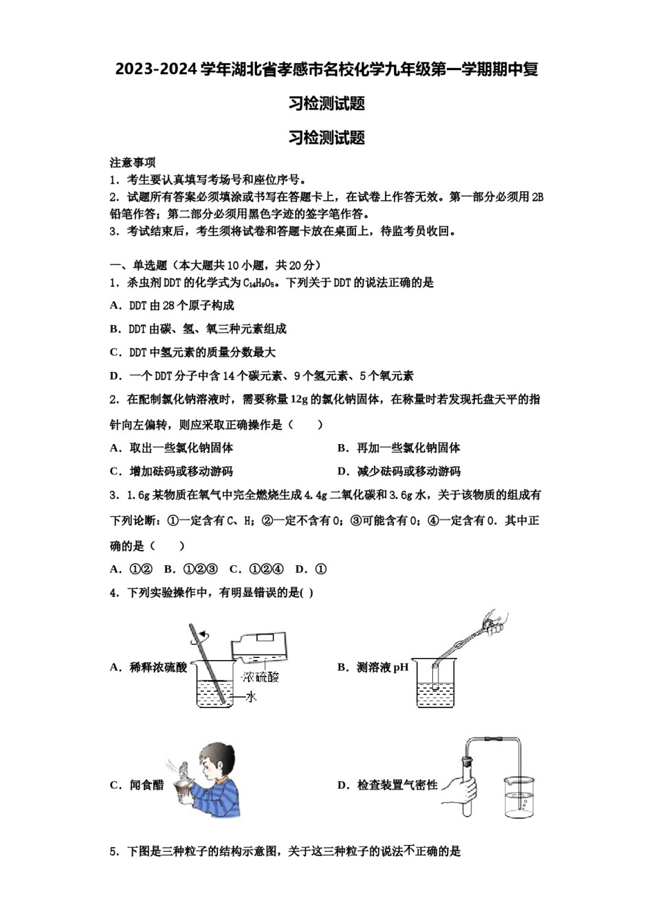 2023-2024学年湖北省孝感市名校化学九年级第一学期期中复习检测试题含解析.doc_第1页