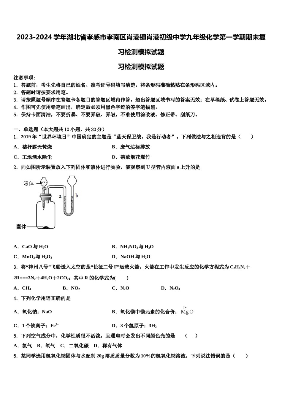 2023-2024学年湖北省孝感市孝南区肖港镇肖港初级中学九年级化学第一学期期末复习检测模拟试题含解析.doc_第1页