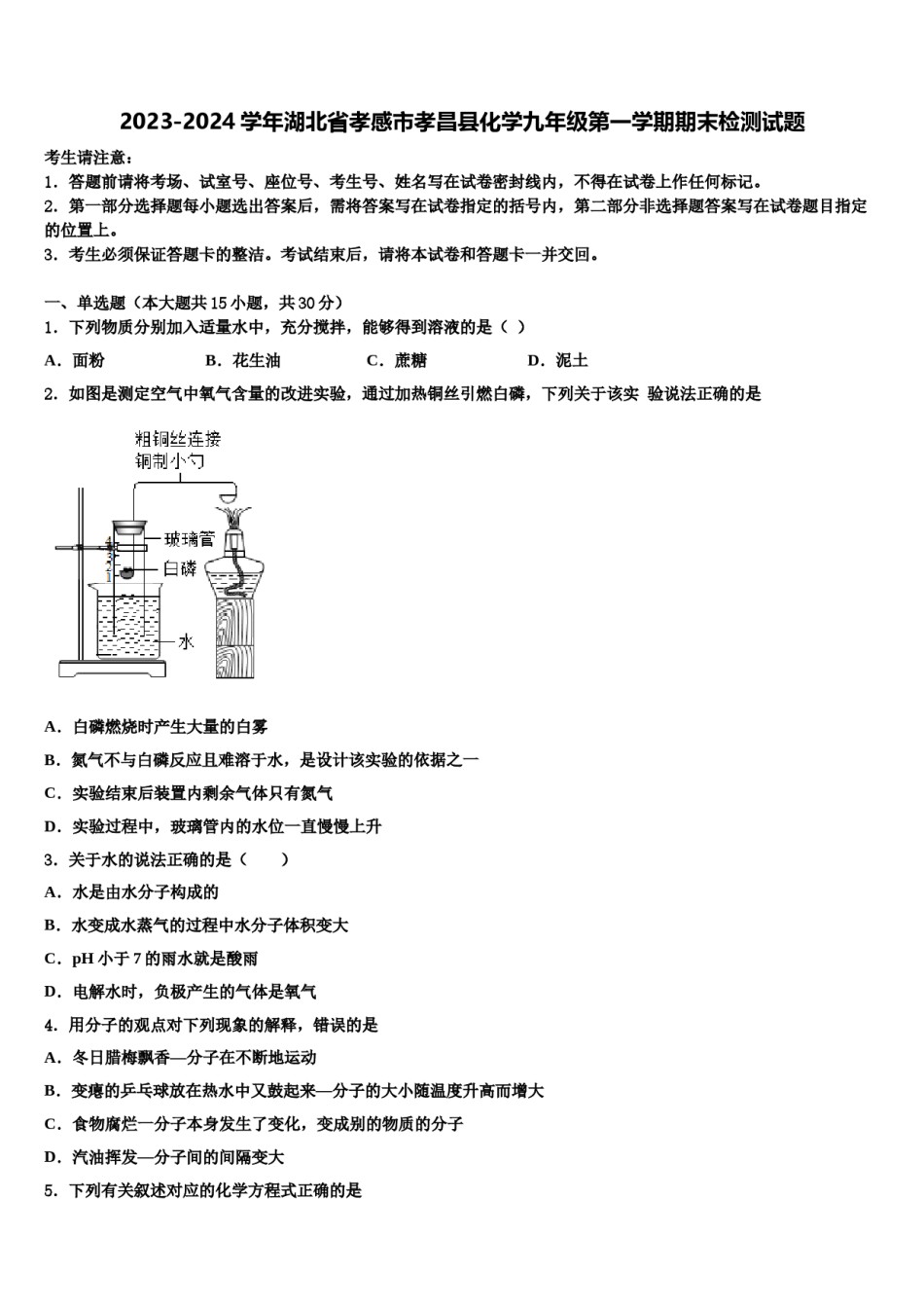 2023-2024学年湖北省孝感市孝昌县化学九年级第一学期期末检测试题含解析.doc_第1页