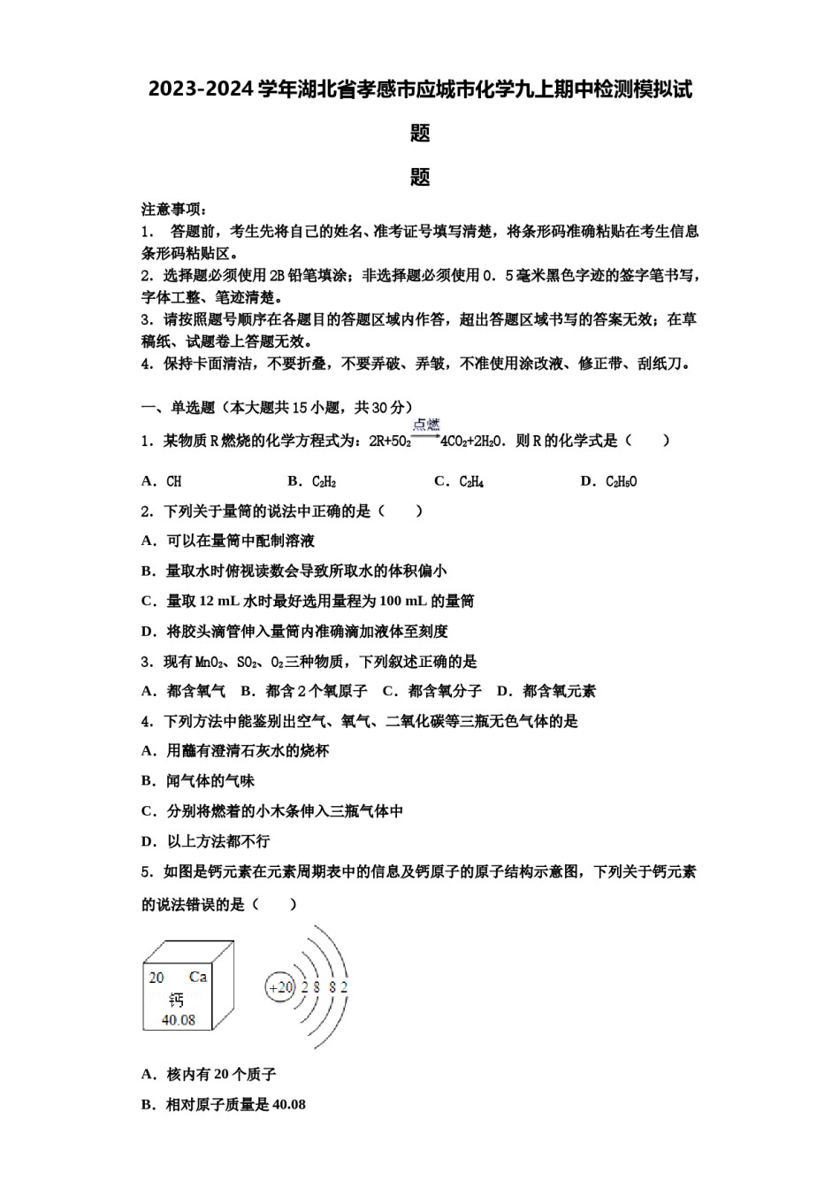 2023-2024学年湖北省孝感市应城市化学九上期中检测模拟试题含解析.doc_第1页