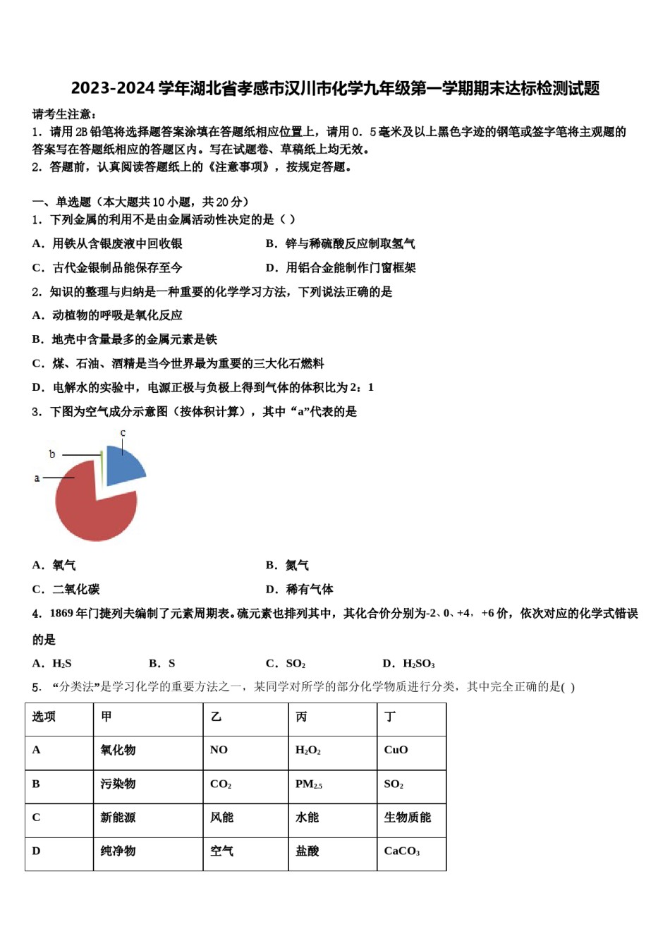 2023-2024学年湖北省孝感市汉川市化学九年级第一学期期末达标检测试题含解析.doc_第1页