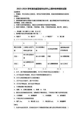 2023-2024学年湖北省宜城市化学九上期中统考模拟试题含解析.doc