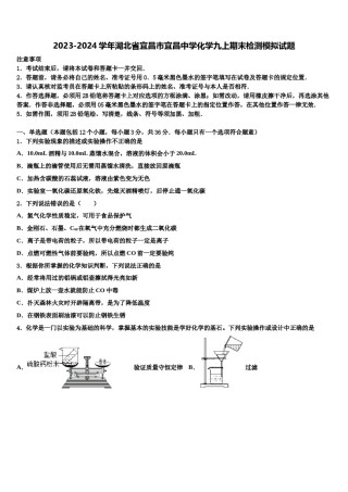 2023-2024学年湖北省宜昌市宜昌中学化学九上期末检测模拟试题含解析.doc
