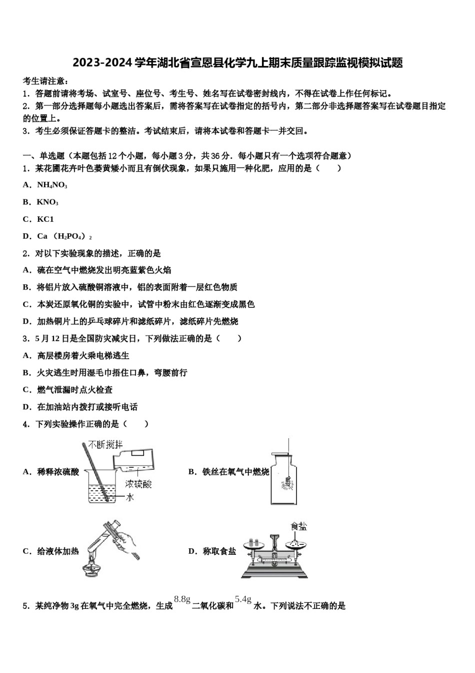 2023-2024学年湖北省宣恩县化学九上期末质量跟踪监视模拟试题含解析.doc_第1页