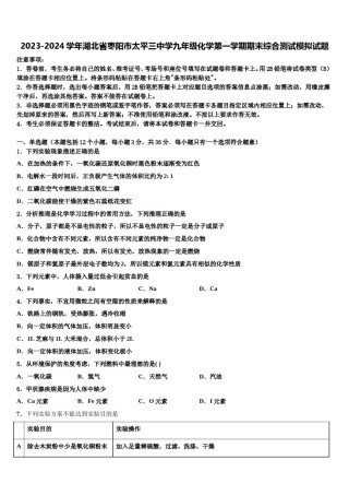 2023-2024学年湖北省枣阳市太平三中学九年级化学第一学期期末综合测试模拟试题含解析.doc