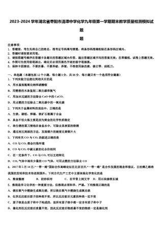 2023-2024学年湖北省枣阳市清潭中学化学九年级第一学期期末教学质量检测模拟试题含解析.doc