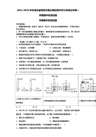2023-2024学年湖北省枣阳市鹿头镇初级中学九年级化学第一学期期中检测试题含解析.doc