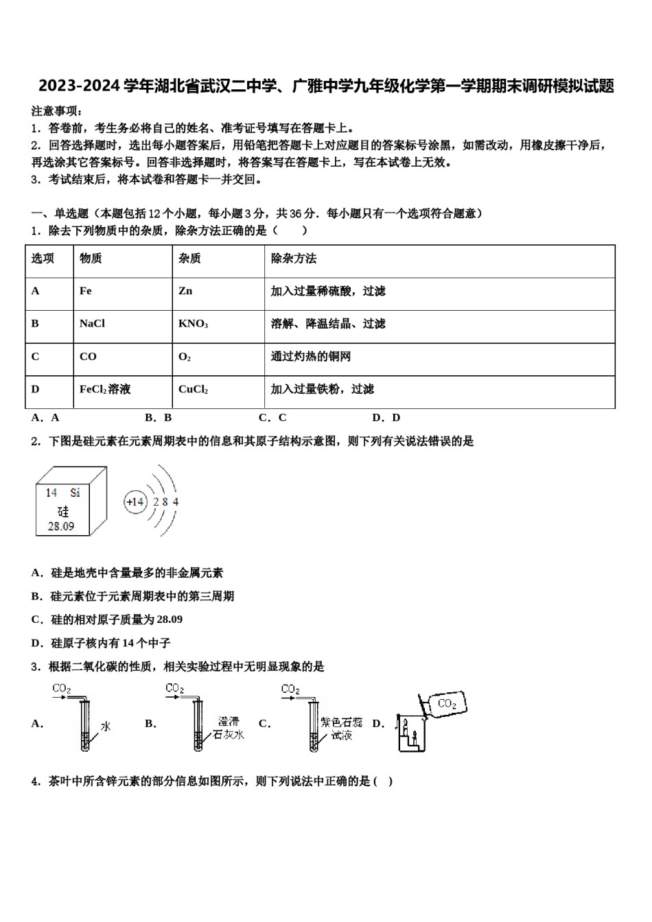 2023-2024学年湖北省武汉二中学、广雅中学九年级化学第一学期期末调研模拟试题含解析.doc_第1页
