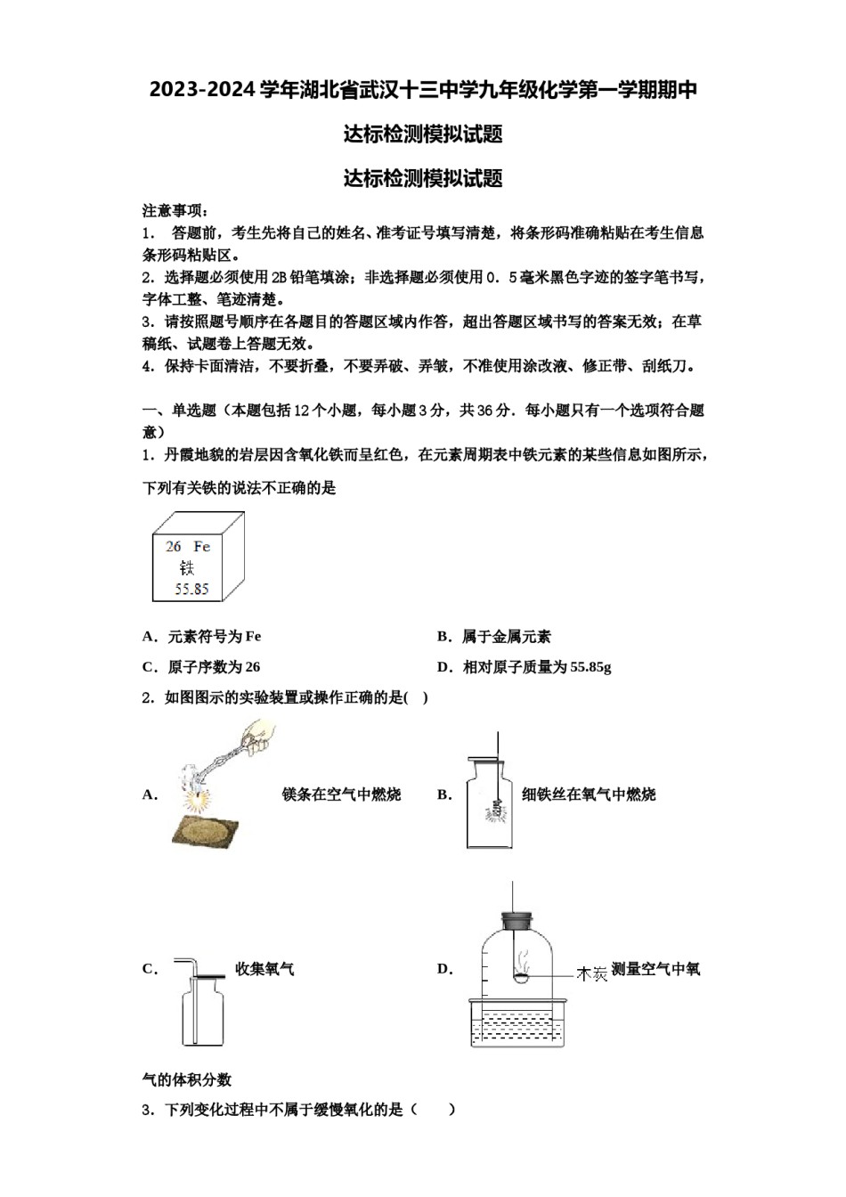 2023-2024学年湖北省武汉十三中学九年级化学第一学期期中达标检测模拟试题含解析.doc_第1页