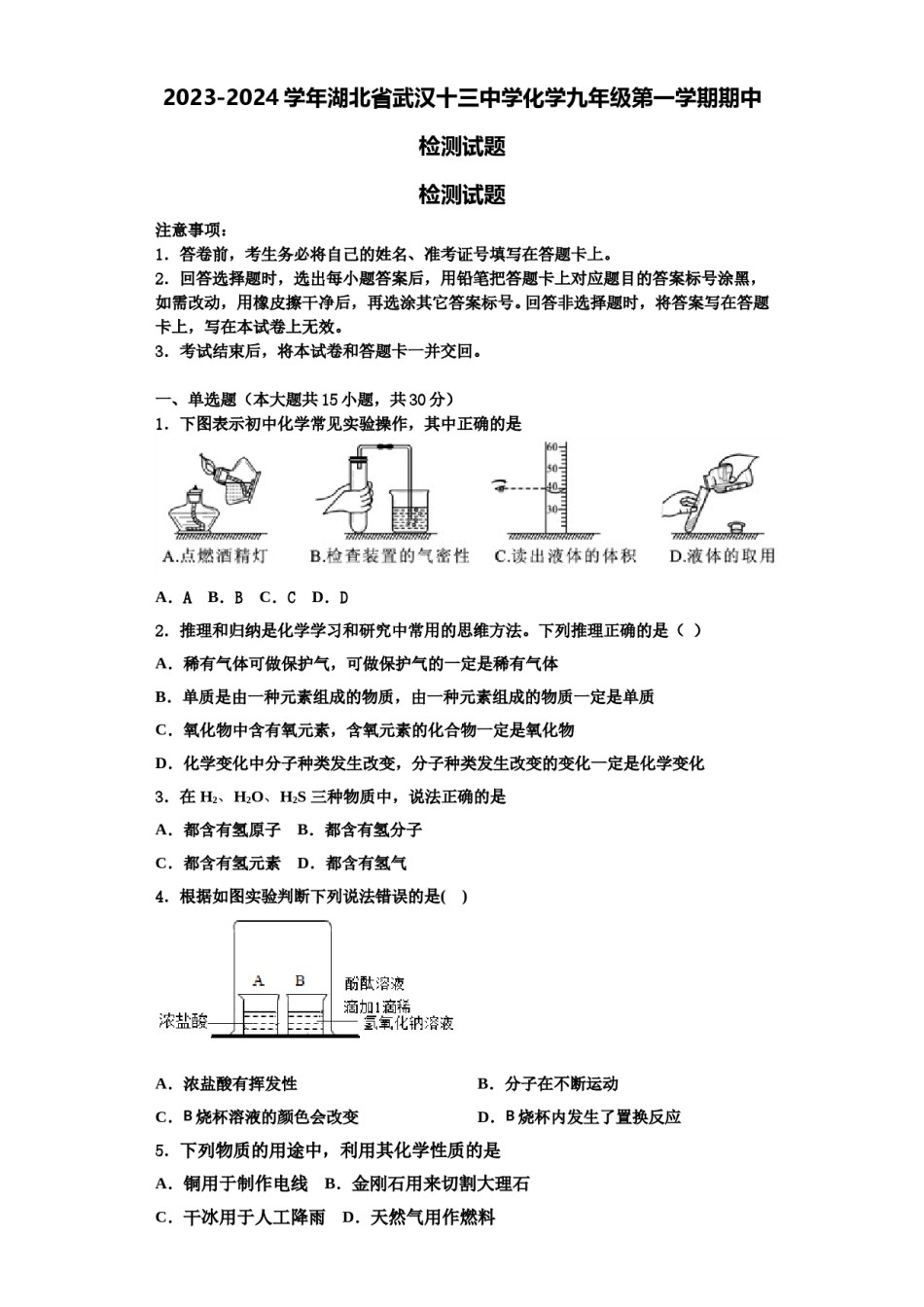 2023-2024学年湖北省武汉十三中学化学九年级第一学期期中检测试题含解析.doc_第1页