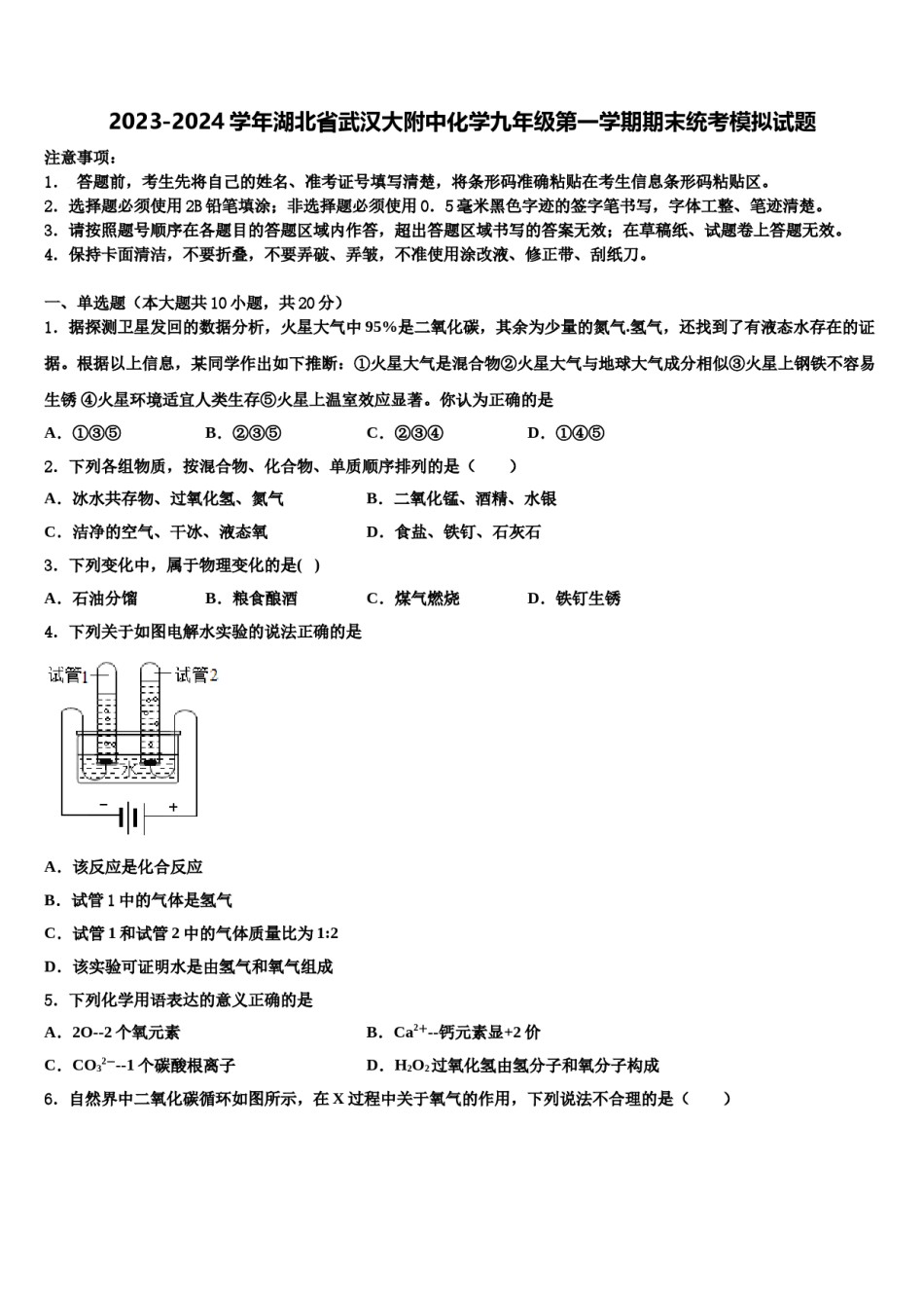 2023-2024学年湖北省武汉大附中化学九年级第一学期期末统考模拟试题含解析.doc_第1页