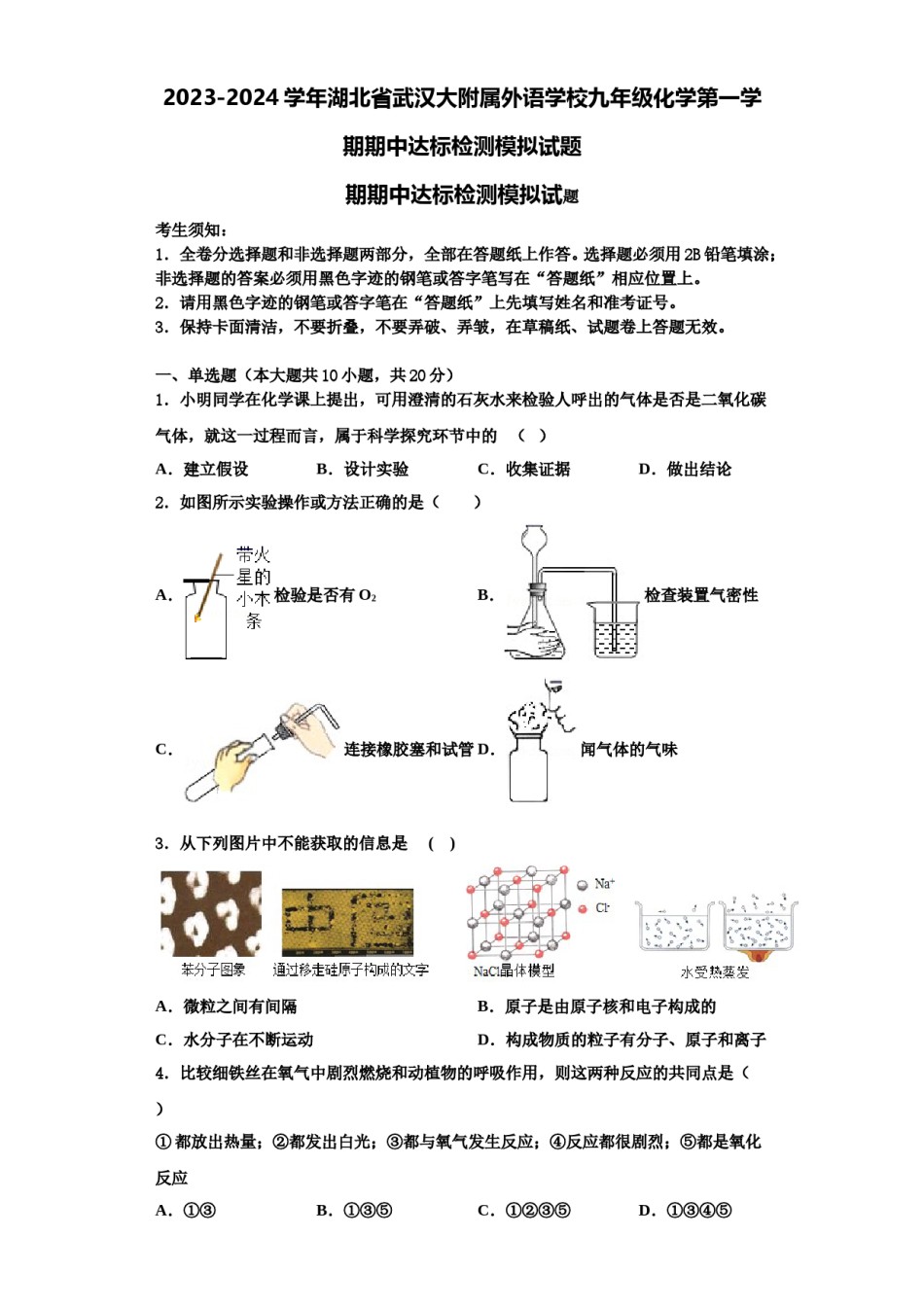 2023-2024学年湖北省武汉大附属外语学校九年级化学第一学期期中达标检测模拟试题含解析.doc_第1页