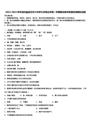 2023-2024学年湖北省武汉市六中学九年级化学第一学期期末教学质量检测模拟试题含解析.doc