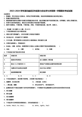 2023-2024学年湖北省武汉市武昌七校化学九年级第一学期期末考试试题含解析.doc