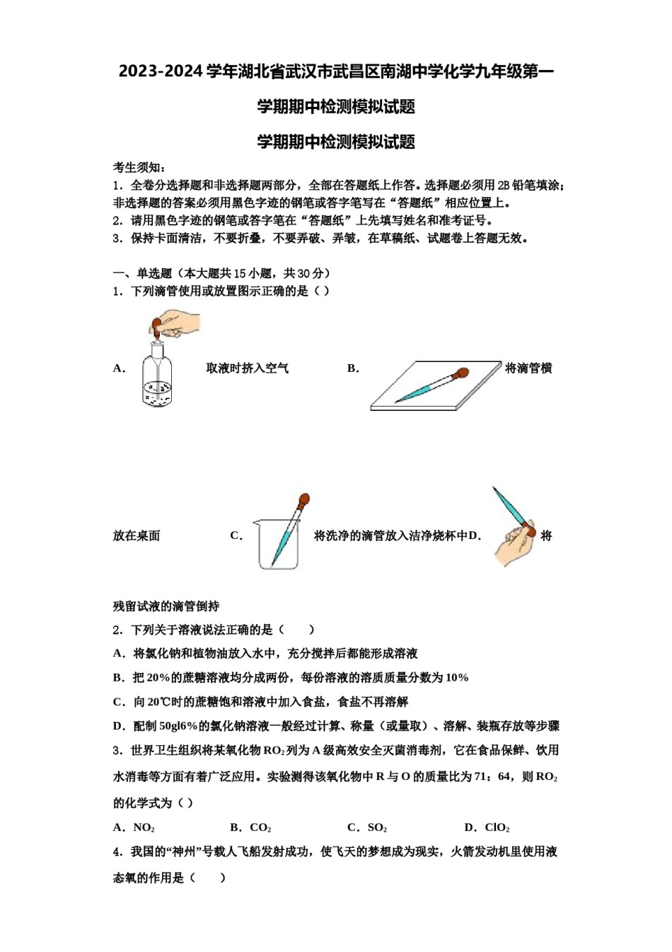 2023-2024学年湖北省武汉市武昌区南湖中学化学九年级第一学期期中检测模拟试题含解析.doc_第1页