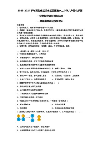 2023-2024学年湖北省武汉市武昌区省水二中学九年级化学第一学期期中调研模拟试题含解析.doc
