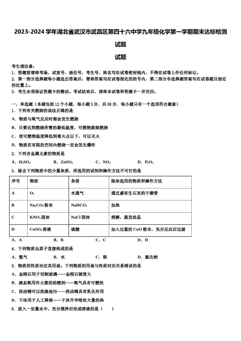 2023-2024学年湖北省武汉市武昌区第四十六中学九年级化学第一学期期末达标检测试题含解析.doc_第1页