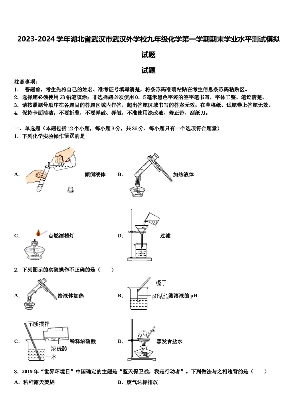 2023-2024学年湖北省武汉市武汉外学校九年级化学第一学期期末学业水平测试模拟试题含解析.doc_第1页