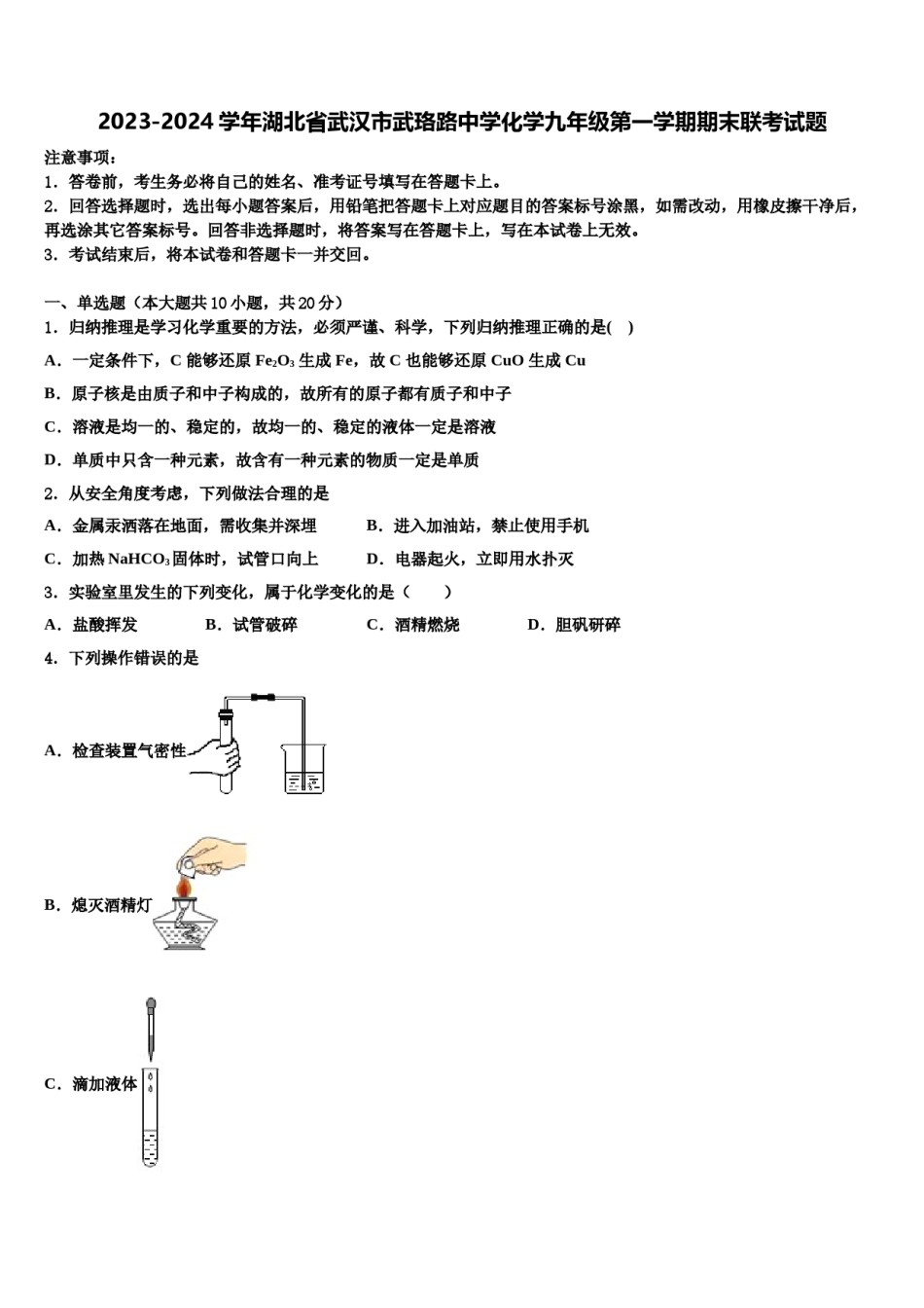 2023-2024学年湖北省武汉市武珞路中学化学九年级第一学期期末联考试题含解析.doc_第1页