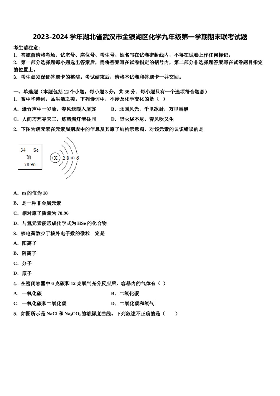 2023-2024学年湖北省武汉市金银湖区化学九年级第一学期期末联考试题含解析.doc_第1页