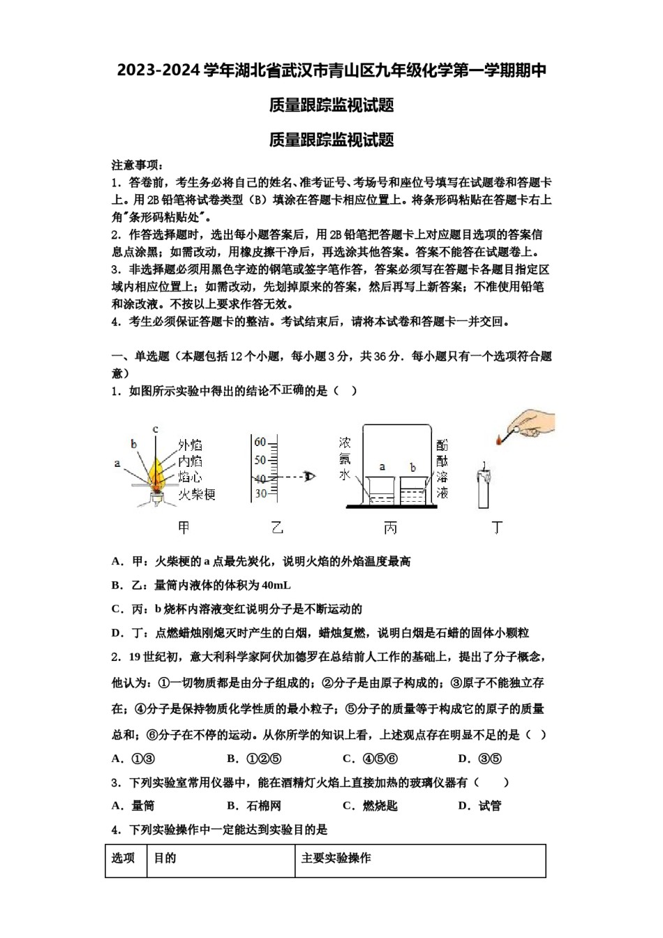 2023-2024学年湖北省武汉市青山区九年级化学第一学期期中质量跟踪监视试题含解析.doc_第1页