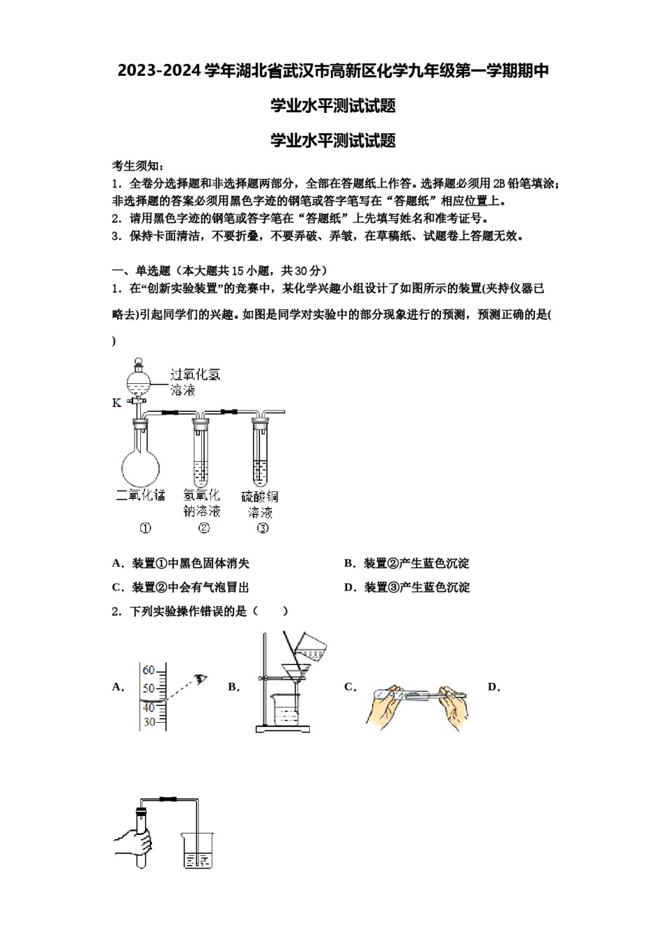2023-2024学年湖北省武汉市高新区化学九年级第一学期期中学业水平测试试题含解析.doc_第1页