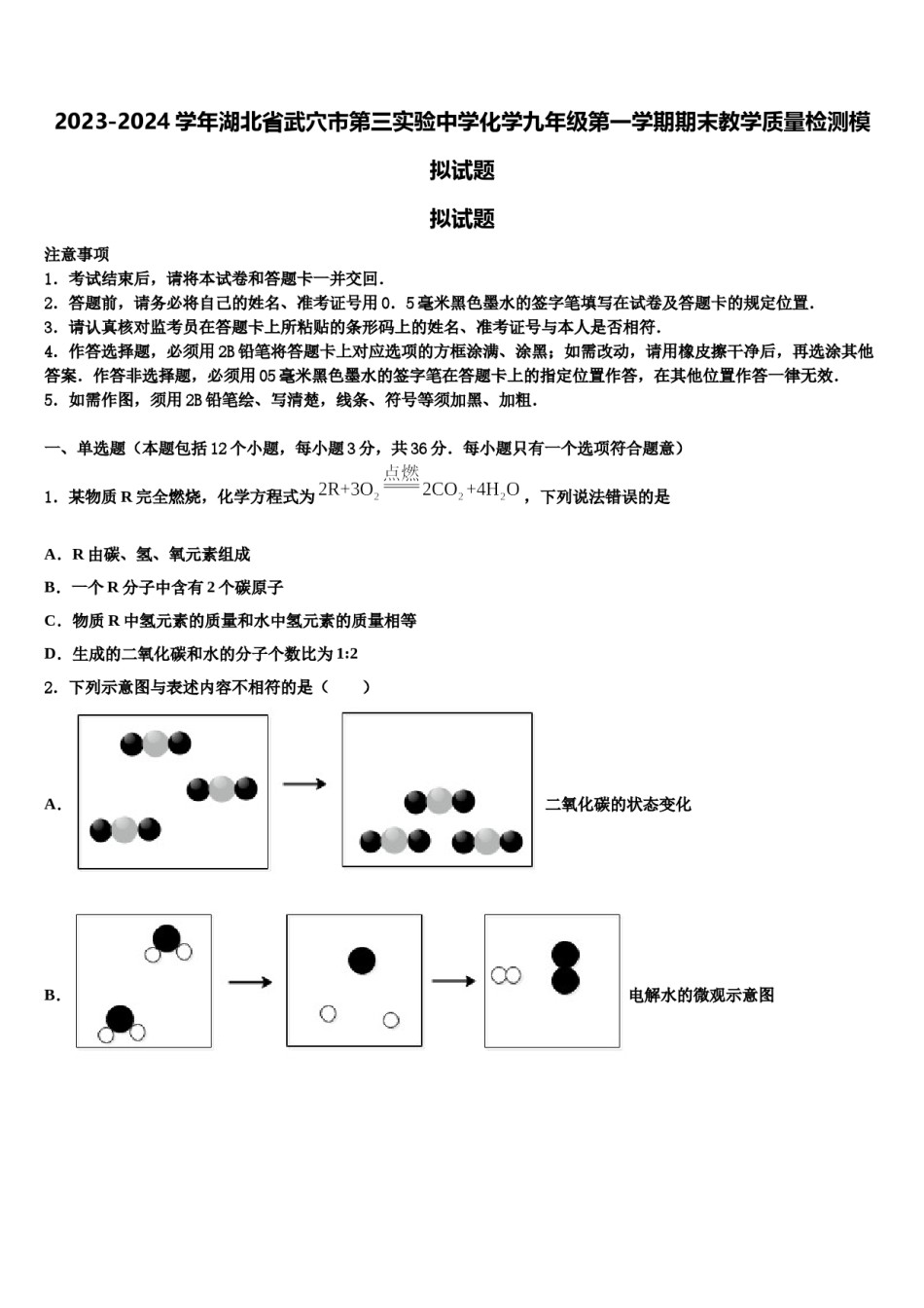 2023-2024学年湖北省武穴市第三实验中学化学九年级第一学期期末教学质量检测模拟试题含解析.doc_第1页