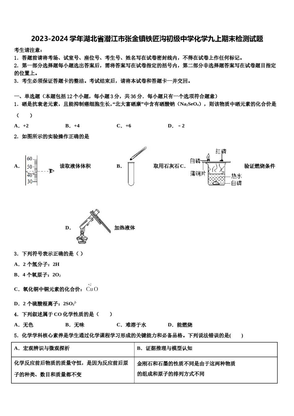 2023-2024学年湖北省潜江市张金镇铁匠沟初级中学化学九上期末检测试题含解析.doc_第1页